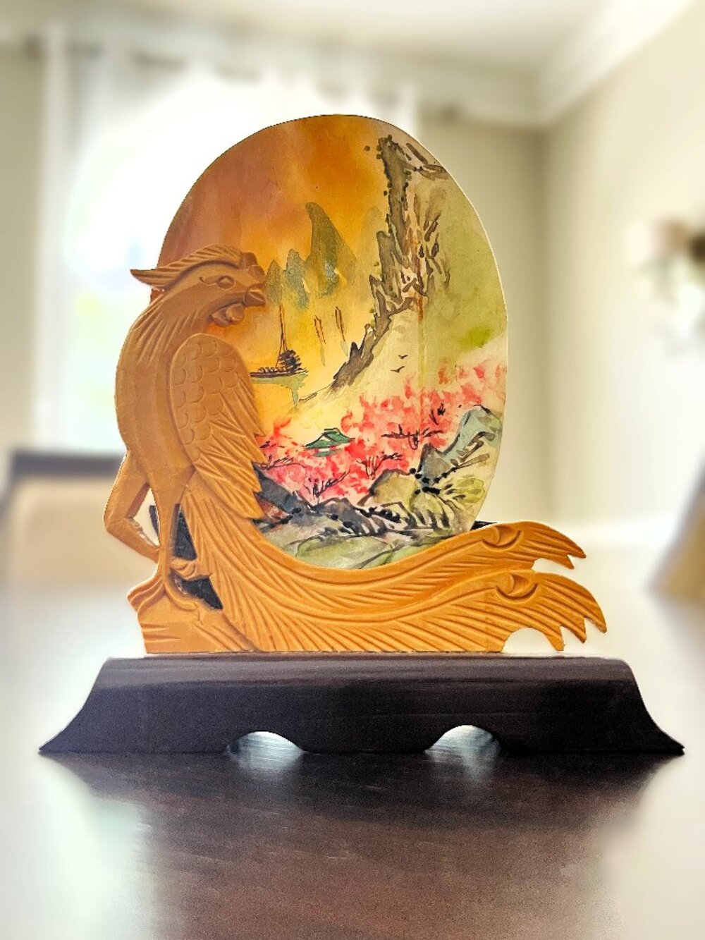 Vintage Mother of Pearl Hand Painted Shell Art Carved Boxwood Phoenix Stand